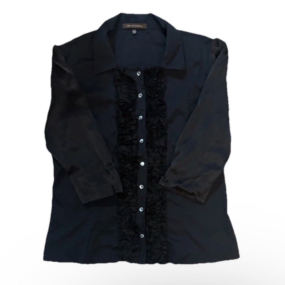 Black Ruffled Button-Up Blouse 3/4 Sleeve Walter Voulaz Size 48